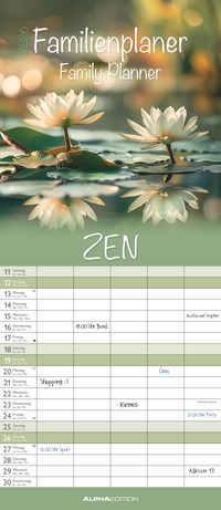 Alpha Edition - Zen 2026 – Familienkalender 19,5x45 cm – 5 Spalten für Termine – Wandplaner mit Feiertagen (DE/AT/CH) – 4-sprachig – Mit Naturfotografien – Viel Platz für Eintragungen