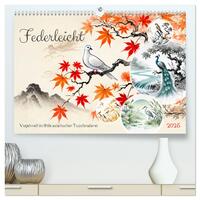 Federleicht - Vogelwelt im Stile asiatischer Tuschmalerei (hochwertiger Premium Wandkalender 2025 DIN A2 quer), Kunstdruck in Hochglanz