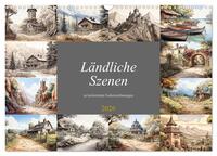 Ländliche Szenen in kolorierten Federzeichnungen (Wandkalender 2026 DIN A3 quer), CALVENDO Monatskalender
