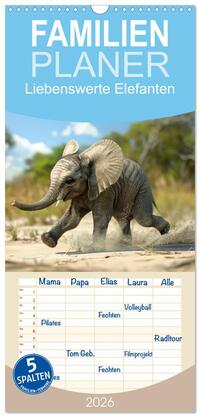 Familienplaner 2026 - Liebenswerte Elefanten mit 5 Spalten (Wandkalender, 21 x 45 cm) CALVENDO