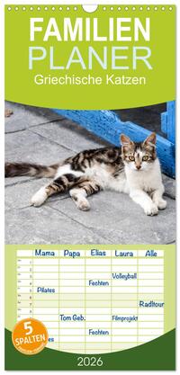 Familienplaner 2026 - Griechische Katzen mit 5 Spalten (Wandkalender, 21 x 45 cm) CALVENDO