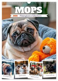 MOPS Pfotenglück in Faltenform (Wandkalender 2026 DIN A3 hoch), CALVENDO Monatskalender